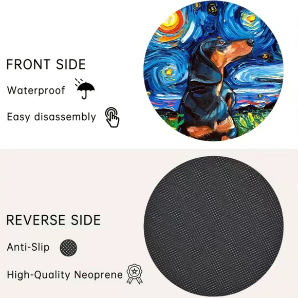 2pcs Dachshund Van Gogh Painting Style Dog Absorbent Car Cup Holder Coaster Mats - Picture 2 of 4